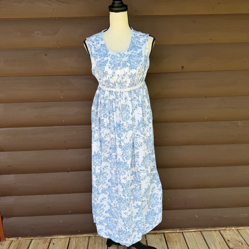 Vtg Gilligan O'Malley Blue Floral Cotton Maxi Nightgown‎ Dress M Cottagecore